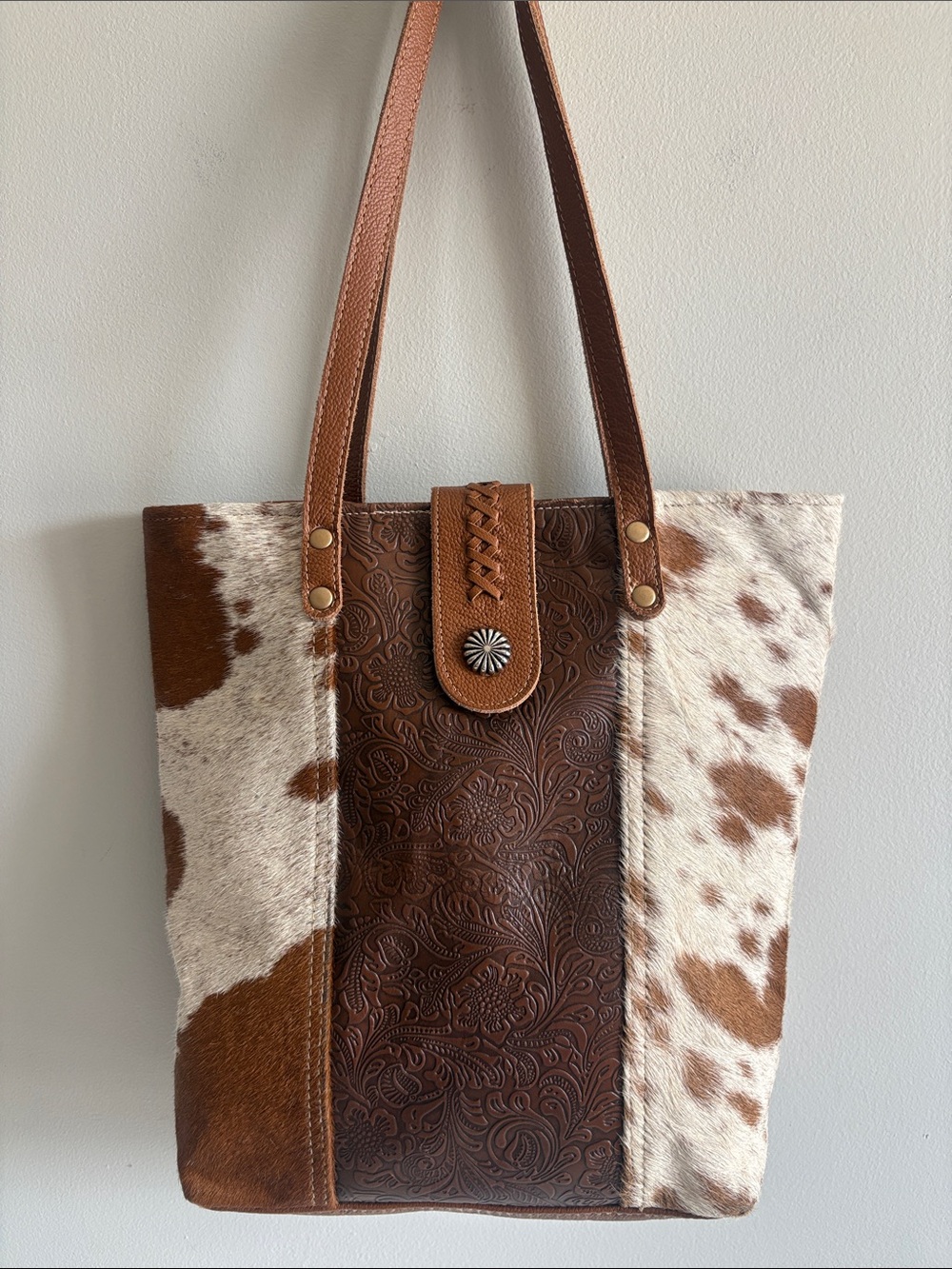 Myra Bag Hair on Hide Leather Tooled Western Boho Tote Cowhide Shoulder Purse